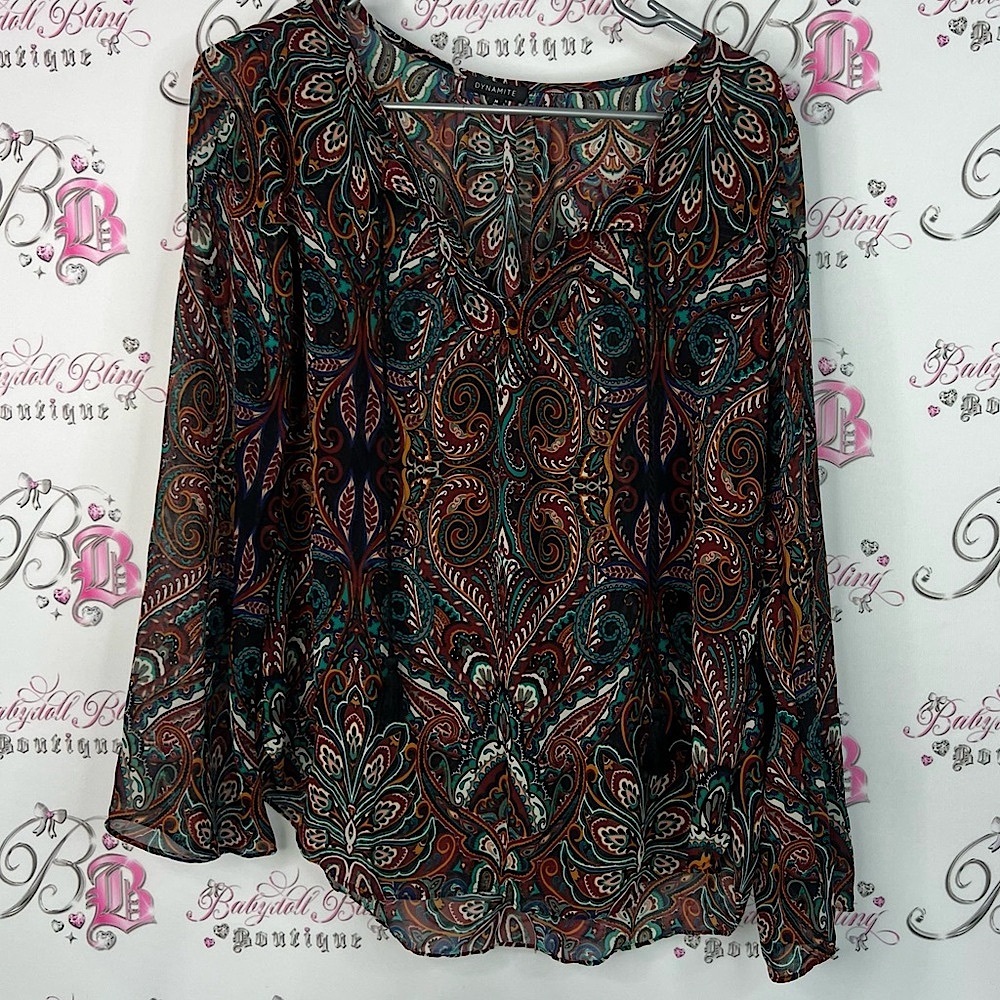 Dynamite blouse long sleeve paisley boho brown blue Multicolor Paisley Blouse